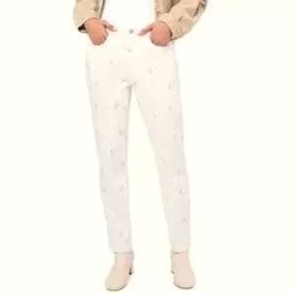 Floral Embroidered Jeans White Denim Pants Casual Everyday Sz 8 (32x29.5) /#5375